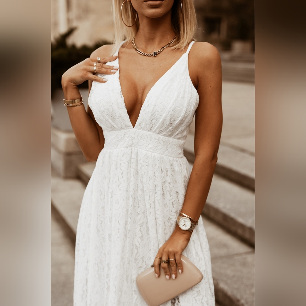 LAST ONE! White Lace Maxi Dress With V-Neck - Picture 5 of 6